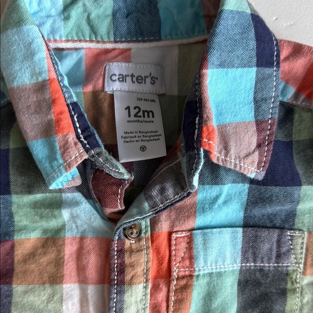 Carter's Colorful Blue,Orange & Green Plaid Button-Down Boys Shirt Size 12 Mo